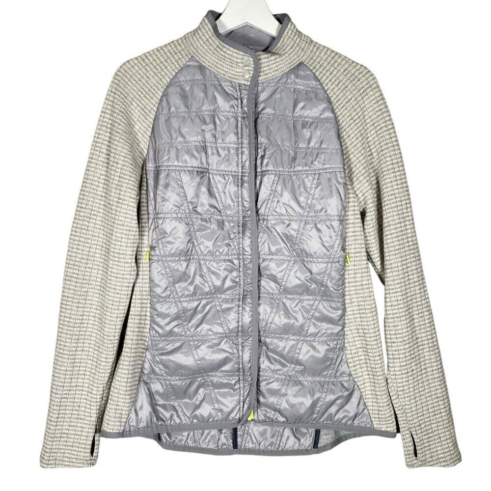 Title Nine Jacket Women’s Large Quilted Hybrid Insulated Puffer Gray Wool Sleeve